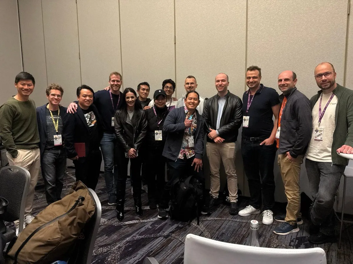 From left: Kevin Hou (Head of Product at Windsurf), Ben Dunphy (conference organizer), Shawn Wang (swyx), Chris Lovejoy (Anterior), Antje Barth, Principal Developer Advocate (Generative AI) at AWS, Eugene Yan (Principal Applied Scientist at Amazon), unknown, Vibhu Sapra (AI researcher), unknown, unknown, Greg Brockman (OpenAI), unknown, Kyle Corbett (CEO of OpenPipe), Jan Čurn (CEO of Apify)