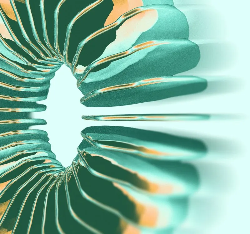 Abstract teal and orange pleated fan form